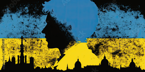 Kiev Silhouette on Ukrainian Flag Illustration, generative artificial intelligence