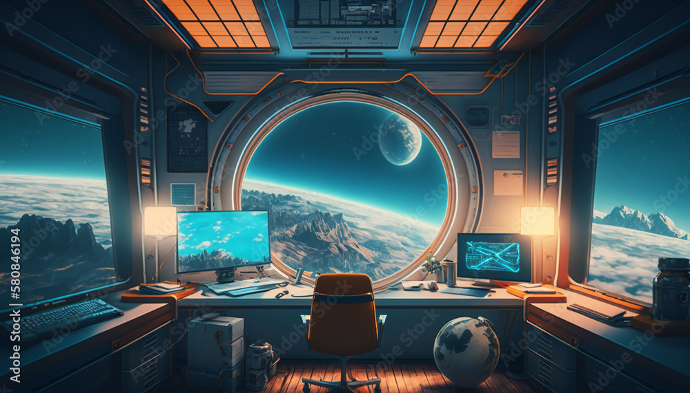 Office in Space station with a view into space - Space wallpaper ...