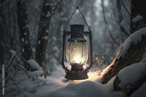 Lantern hanging on a tree in the woods. Snow in the forest, generative artificial intelligence 