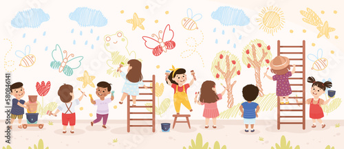 Cute Children Drawing on the Wall with Paint Brush Vector Illustration