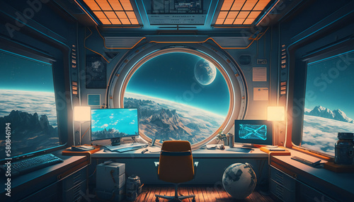 Fototapeta Naklejka Na Ścianę i Meble -  Office in Space station with a view into space  - Space wallpaper - Generative AI