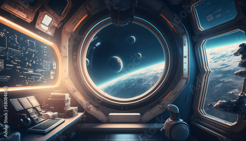 Office in Space station with a view into space - Space wallpaper - Generative AI