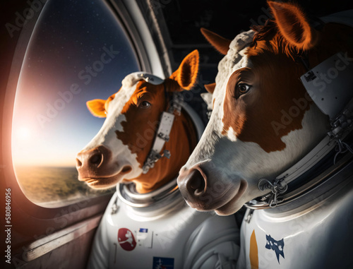Two cows in astronauts suits looking out the windows photo