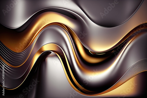 Metallic abstract wavy liquid background layout design, generative artificial intelligence
