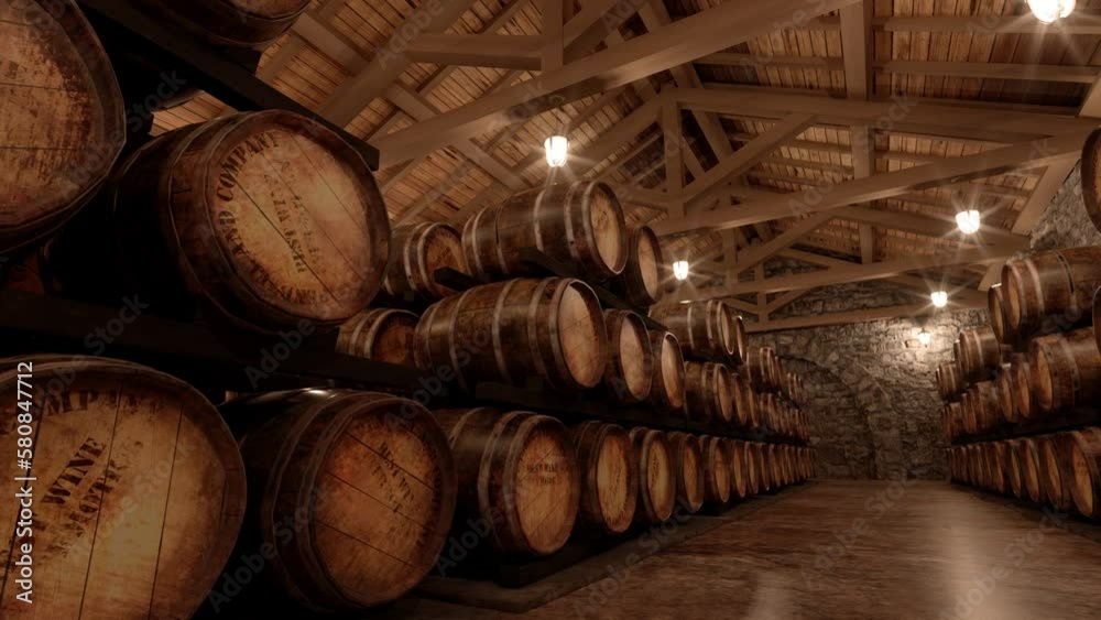 many wine barrels in a cellar with stone walls, 3d animation