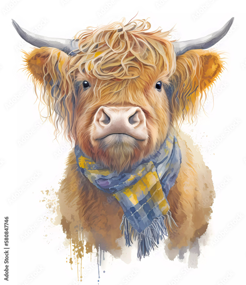 Watercolor highland cow with yellow bandana painting. Realistic wild animal portrait illustration. Created with Generative AI technology. - obrazy, fototapety, plakaty 