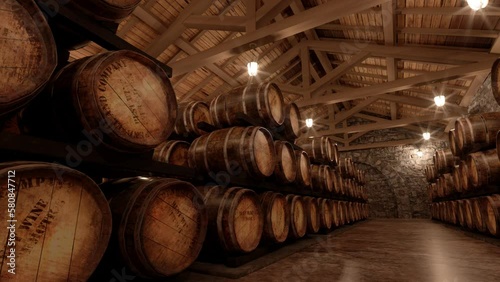 many wine barrels in a cellar with stone walls, 3d animation
