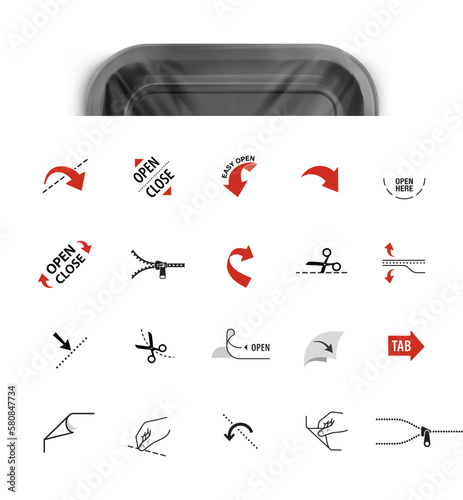 Packaging consumer icon set. Vector illustration isolated on white background. Set for packages, places of opening, closing, tearing. EPS10.