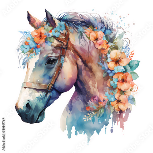 Watercolor cute horse in flowers wreath painting. Realistic wild animal illustration. Created with Generative AI technology.
