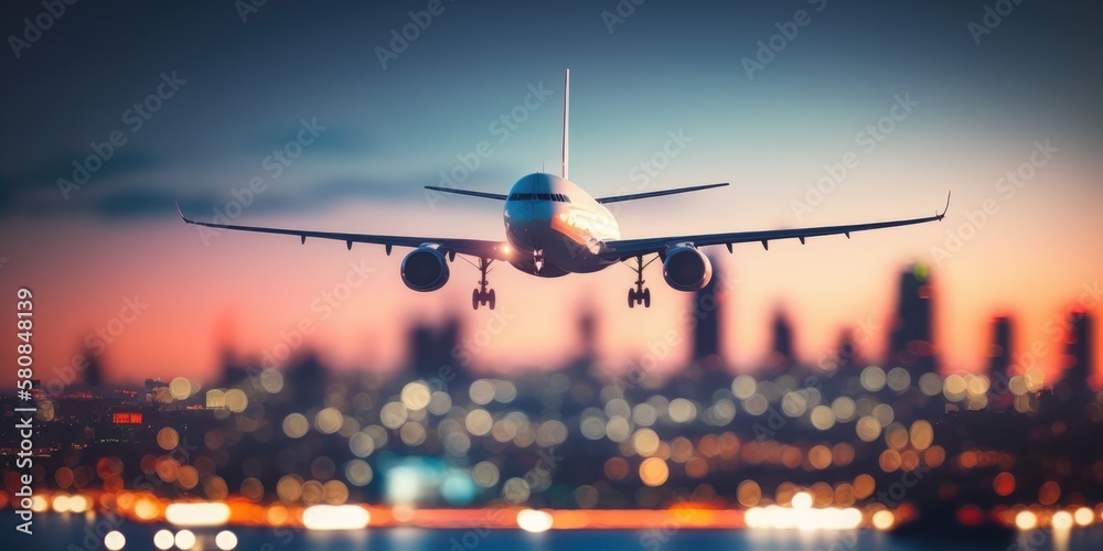 Airplane In Flight At Twilight With Blurred Cityscape. Generative AI Airplane In Flight At Twilight With Blurred Cityscape. Generative AI