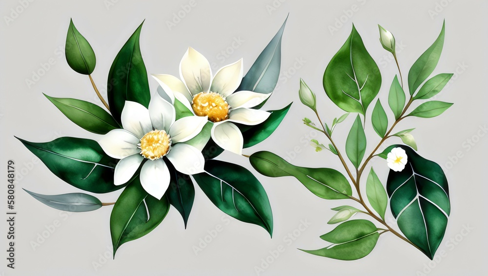 Watercolor painted elements. Flowers, leaves and copy space. Green and white. Grey background. Generative AI
