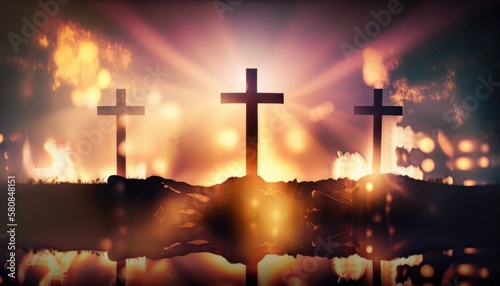Three crosses backlight religious image. Generative AI photo