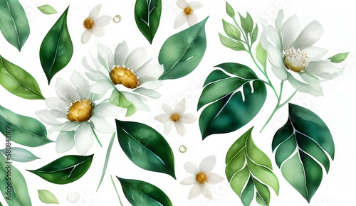 Wallpaper pattern with leaves  flowers. White background. Generative AI