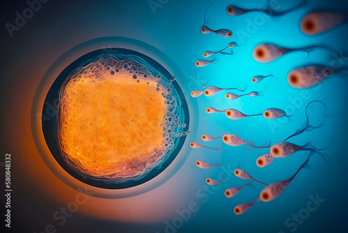 Fertilization is the process of spermatozoa moving towards the woman egg. Male female reproductive cells. The concept of the origin of life in a turbo, a child. Generative AI photo