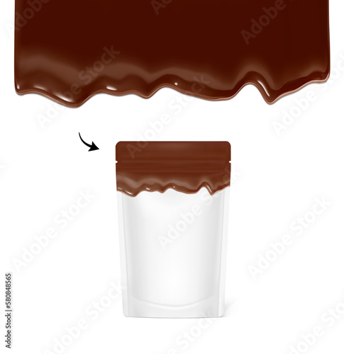 Stand up pouches with falling drops mockup. Vector illustration isolated on white background. Front view. Great way to design your products. EPS10.