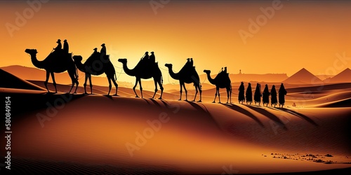 A long line of camels silhouetted against the setting sun  trekking through the desert.