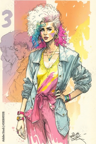80s inspired fashion, character design in watercolor and india ink style