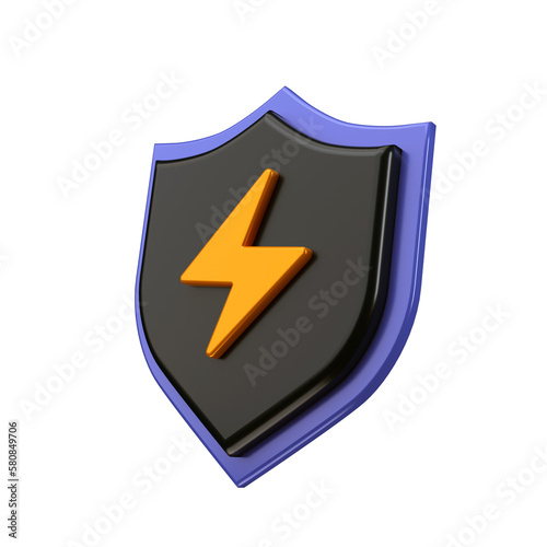 3D Rendering Lightning Safety and Security Shield Icon. Symbols Orange Power, Perspective or Isometric View stock illustration