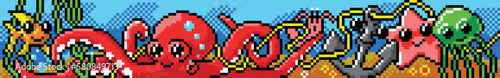 Under water world with aquatic animals drawn in a pixel art