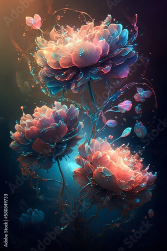 Magic flowers on dark background. Generative AI