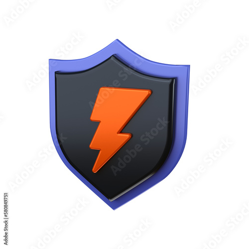 3D Rendering Lightning Safety and Security Shield Icon. Symbols Orange Power, Perspective or Isometric View stock illustration