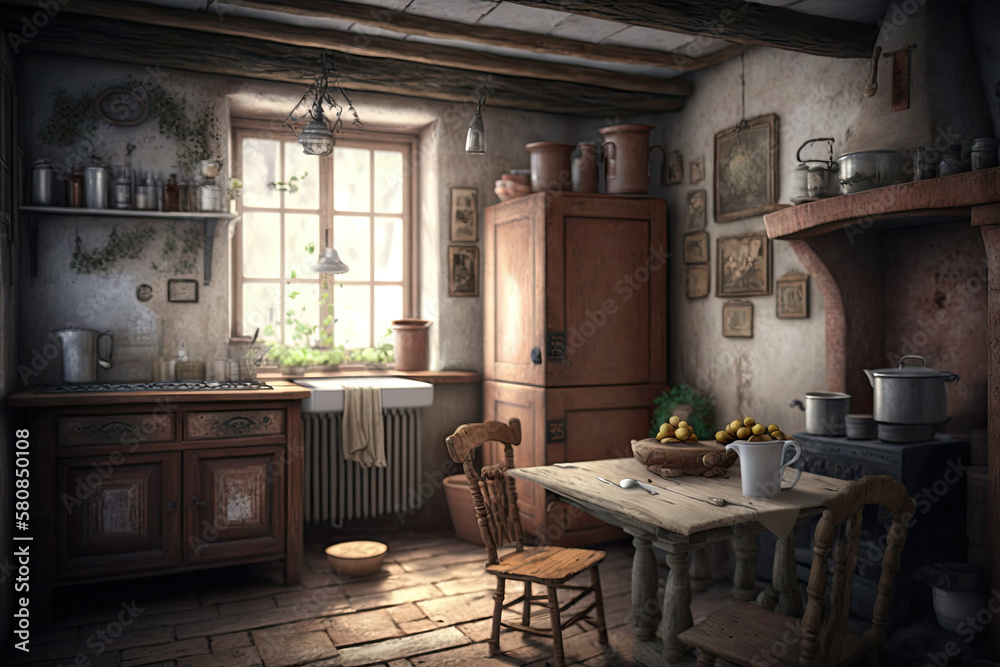 ld kitchen interior made of old materials, generative artificial intelligence
