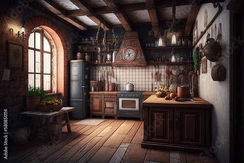 ld kitchen interior made of old materials, generative artificial intelligence 