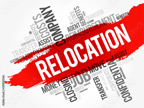Relocation - process of leaving one's dwelling and settling in another, word cloud concept background