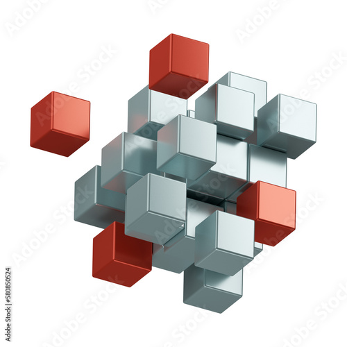 Fototapeta Naklejka Na Ścianę i Meble -  White and colors building with flying cubes in perspective. The subject of delivery, data transmission, relocation, restructuring, transformation, building or selection. 3d perspective illustration. 
