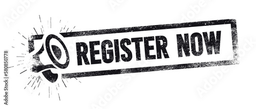 Grunge Stamp With Megaphone And Text Register Now