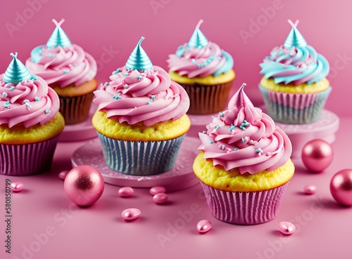 Colorful birthday cupcakes on pink background. AI generated