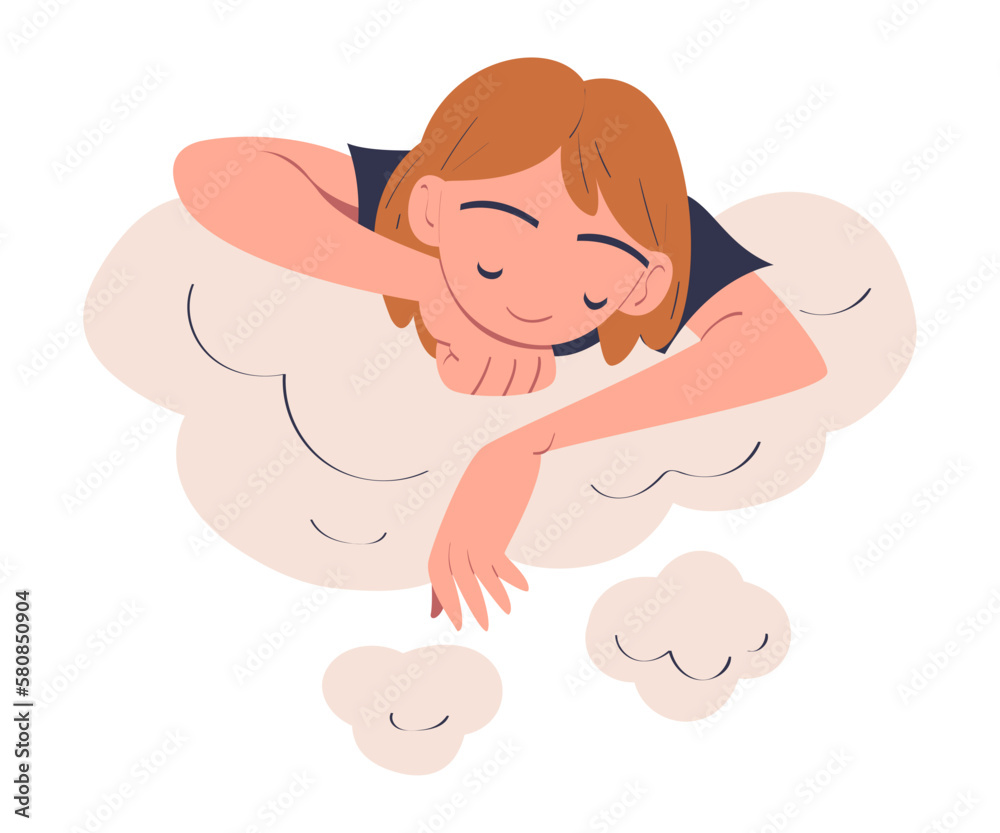 Woman Character Dreaming Imagining and Fantasizing Being in the Clouds Vector Illustration