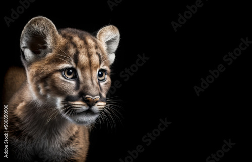 Baby cougar cub on black background. Image created with generative ai.