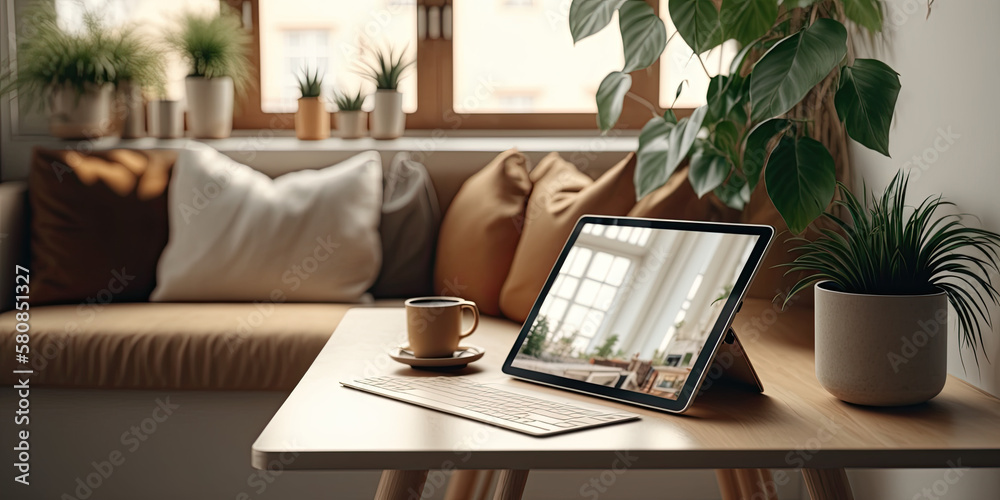 Fototapeta premium Personal laptop computer, is open on a wooden table, generative artificial intelligence 