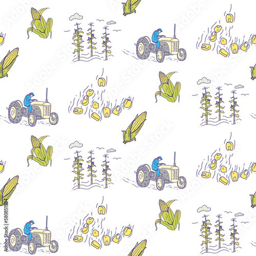 Pattern about corn farming, corn harvesting with tractor in the field, tasty ripe corn kernels on white background.
