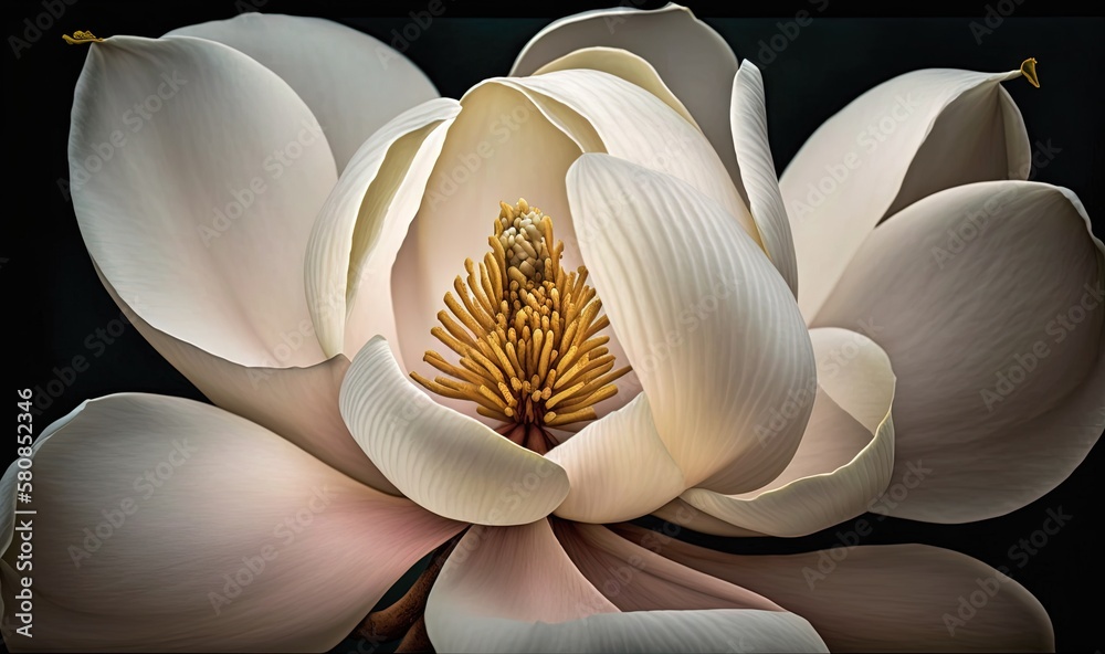 a large white flower with yellow stamens on a black background. generative ai a large white flower with yellow stamens on a black background. generative ai