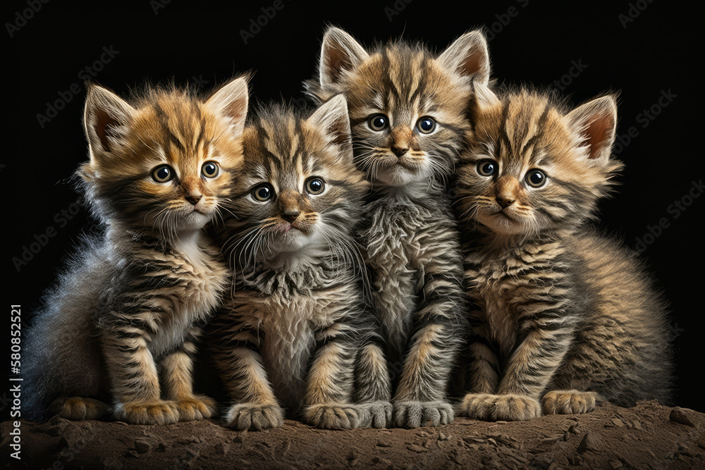 This adorable illustration features four cute kittens snuggled up close together. Their fluffy fur, bright eyes, and playful expressions are sure to capture the hearts of cat lovers everywhere.