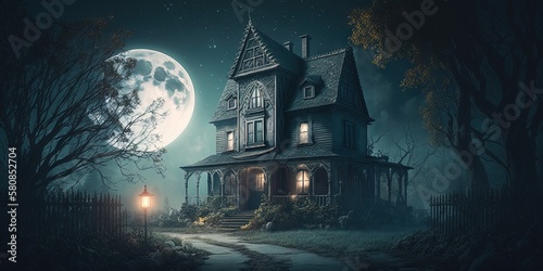 An eerie Halloween scene with a haunted house, spooky street, and glowing moon, Generative AI © Oleksii