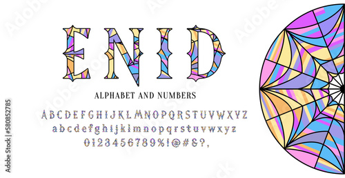 Enid stained glass font. Vector Wednesday alphabet with signs, symbols and numbers. photo