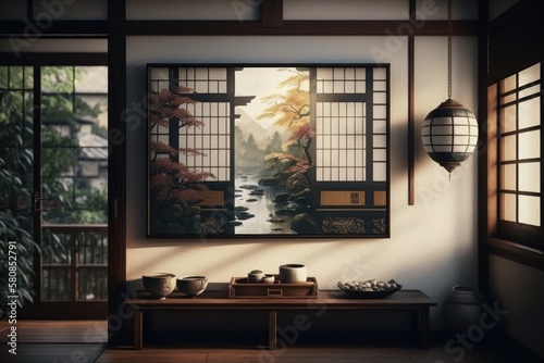 Japanese style room interior with canvas on the wall. Frame layout with a picture. Generative AI