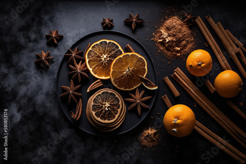 Many cinnamon sticks star anise and dried orange slices. Illustration AI Generative © olegganko