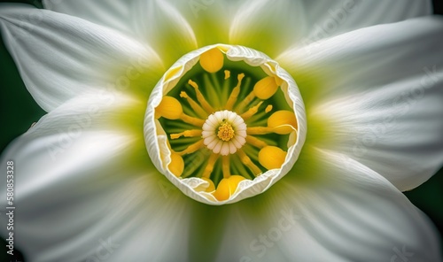  a close up of a white flower with a green center.  generative ai