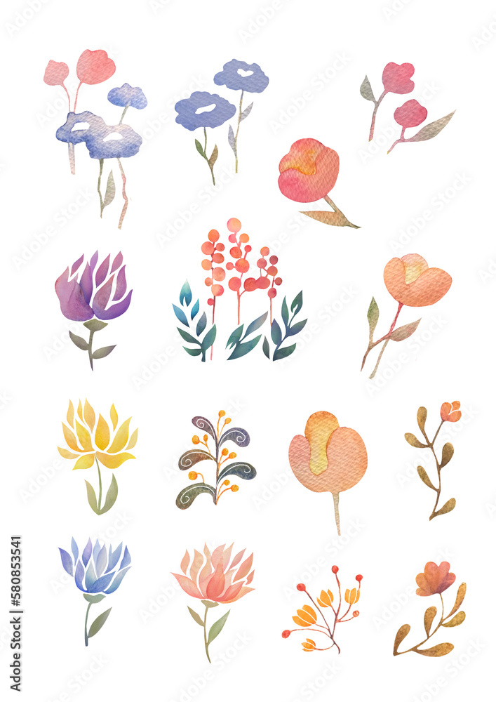 A set of watercolor flowers on a transparent and white background. For stickers, scrapbooking and design of wedding, greeting flyers