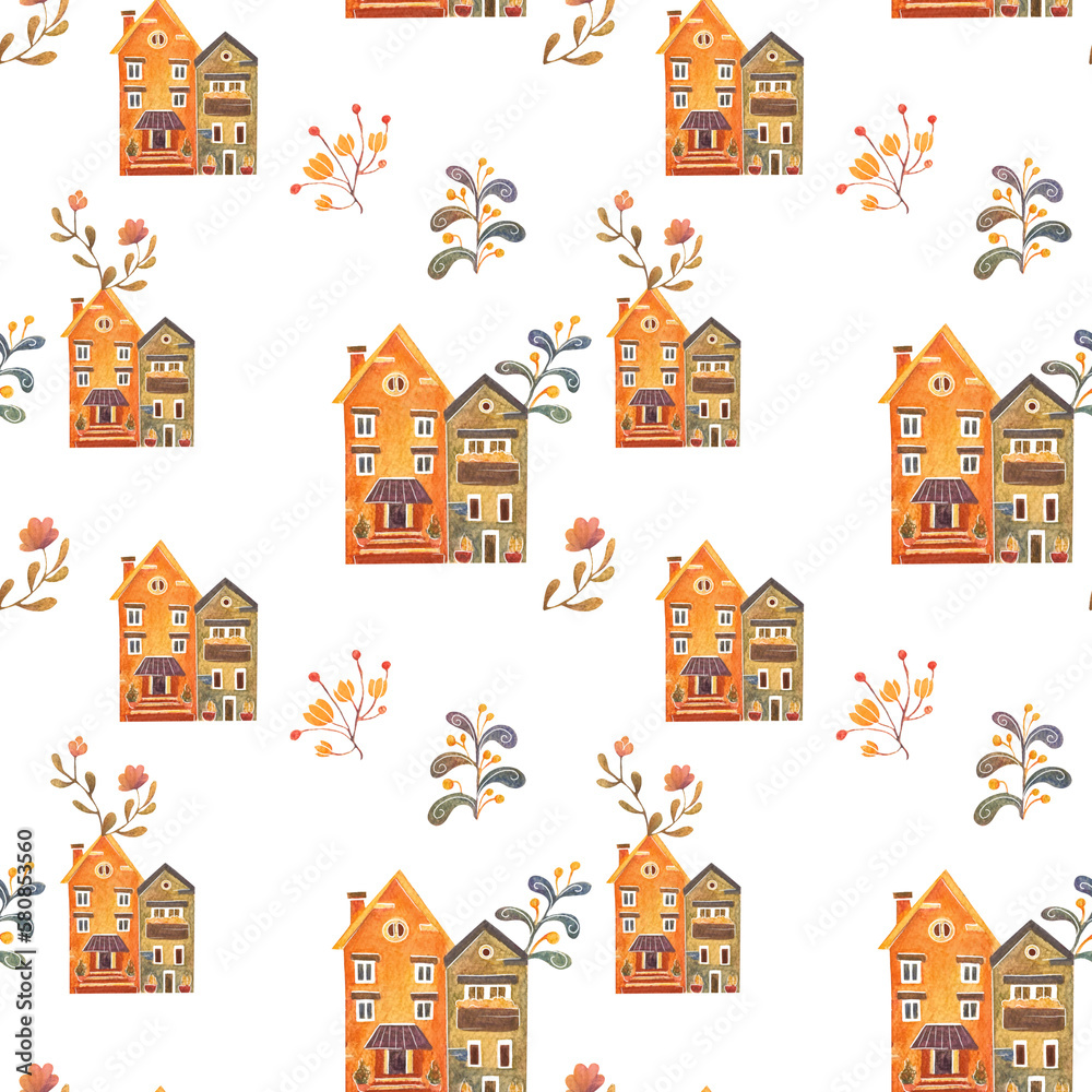 seamless pattern with cartoon houses with trees and flowers. Paper print for wrapping a housewarming gift