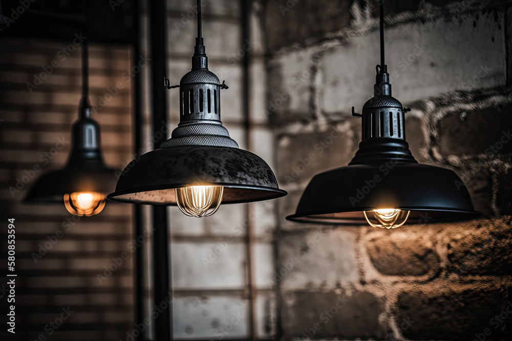 Obraz premium Industrial hanging lamps against rough wall style loft design. Illustration AI Generative