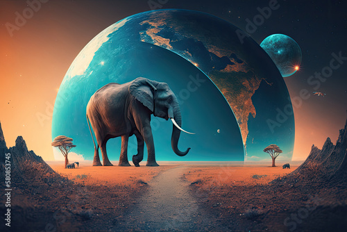 dreamlike and reality-bending background with elephant. Illustration AI Generative © olegganko
