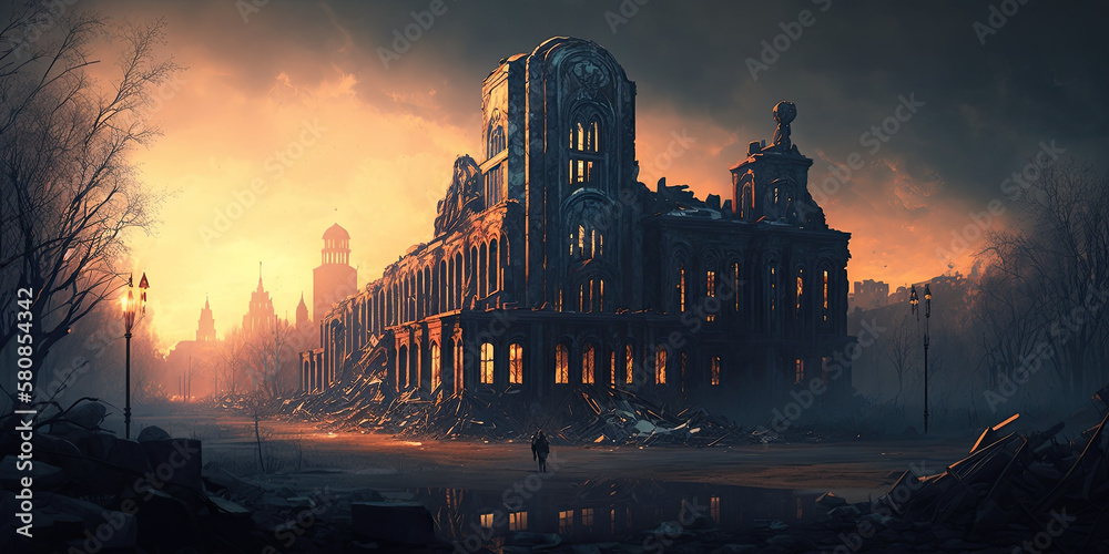 Fototapeta premium runed of city after war or disaster landscape scene , generative artificial intelligence