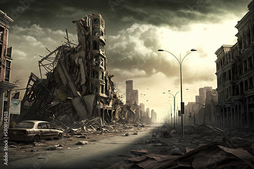 runed of city after war or disaster landscape scene   generative artificial intelligence 
