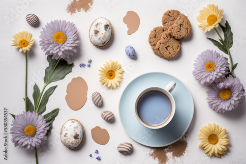 Easter background. Glazed cookies coffee cup. Illustration AI Generative