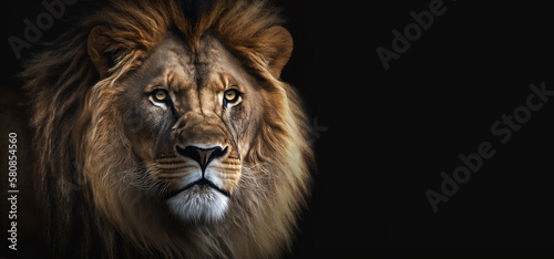  portrait of a big male African lion Panthera leo against a black background, South Africa, Created using generative AI tools.